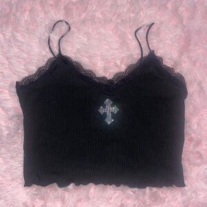 Black lace cami top with silver cross detail